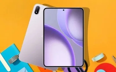 Concept de iPad pliabil cu ecran mare, pe fundal colorat.