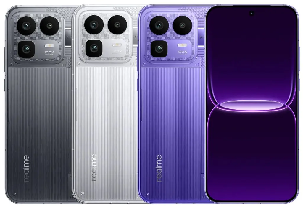Realme Neo8 disponibil în trei culori elegante: gri, argintiu și violet.