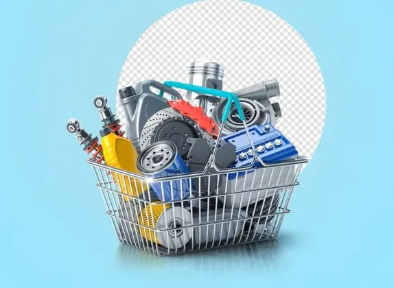 Coș cu piese auto și agricole pe fundal albastru deschis.