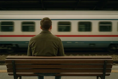 Un bărbat așteaptă pe o bancă la gară, trenul trecând rapid pe lângă el.