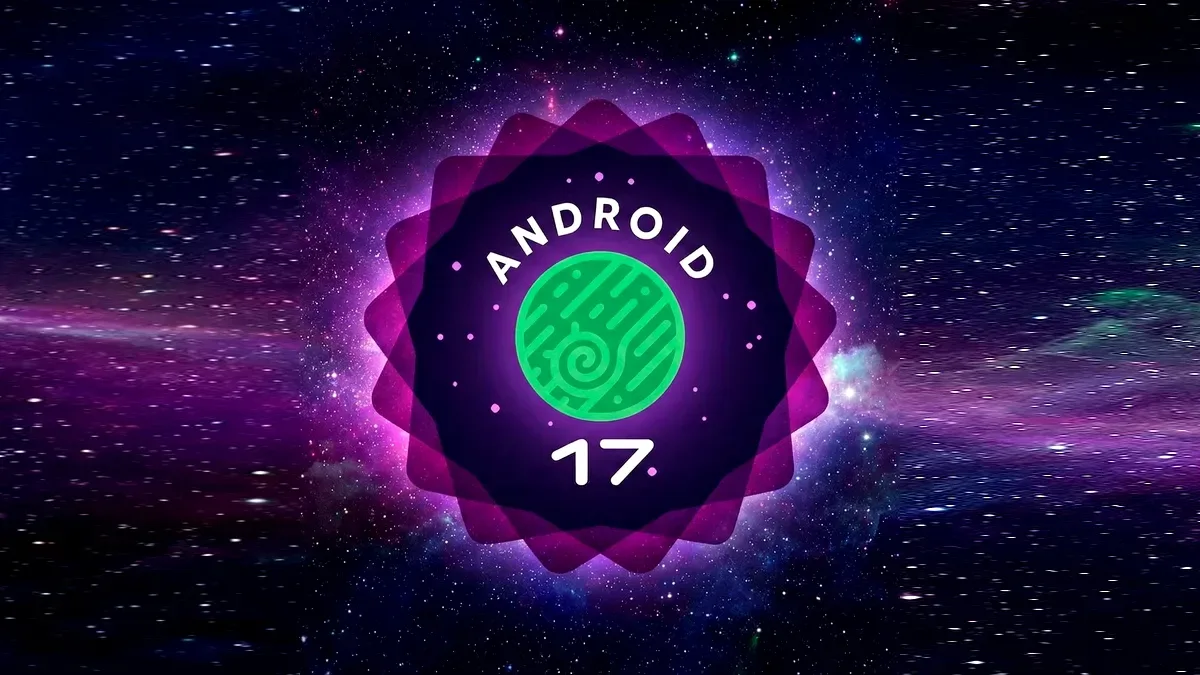 Logo-ul Android 17 pe un fundal cosmic vibrant și colorat.