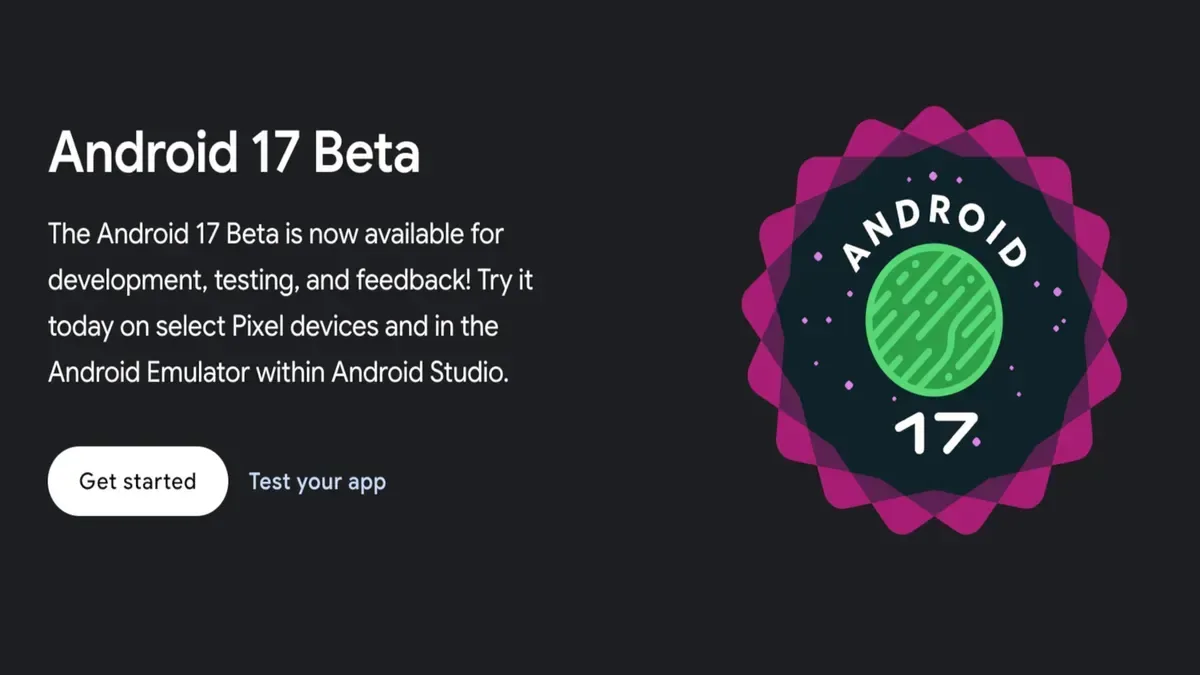Logo Android 17 Beta pe fundal întunecat, simbolizând inovația tehnologică.