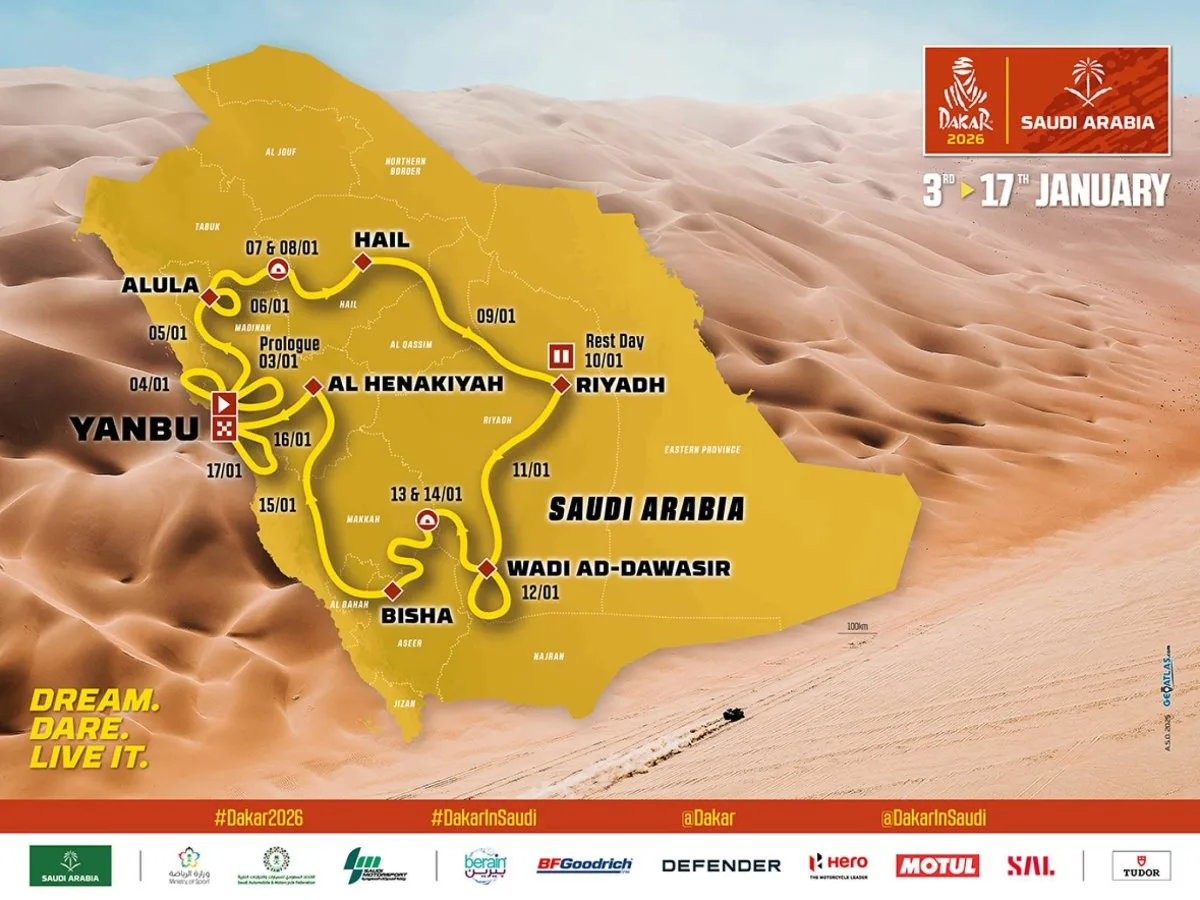 Harta traseului Raliului Dakar 2026 în Arabia Saudită.