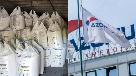 Produse de îngrășăminte Azomureș și sigla companiei pe clădire.
