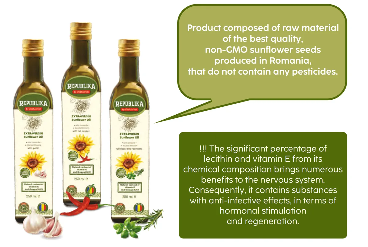 Ulei românesc Republika, produs din semințe de floarea-soarelui de calitate.