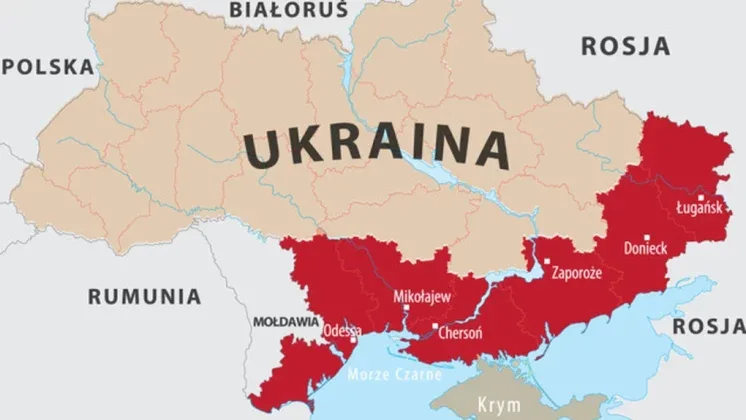 Hartă a Ucrainei evidențiind regiunile Donbas și Lugansk.