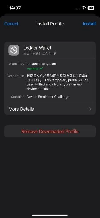 Ecran de instalare a unui profil de dezvoltator suspect.