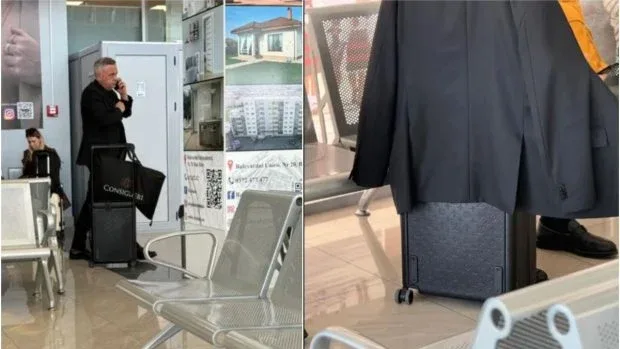 Ministrul Florin Barbu cu un troler Louis Vuitton pe aeroport.