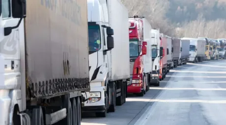 Coloană de camioane parcate pe marginea drumului, în așteptare.