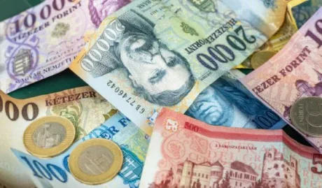 Bancnote și monede de forinți ungurești pe o masă.