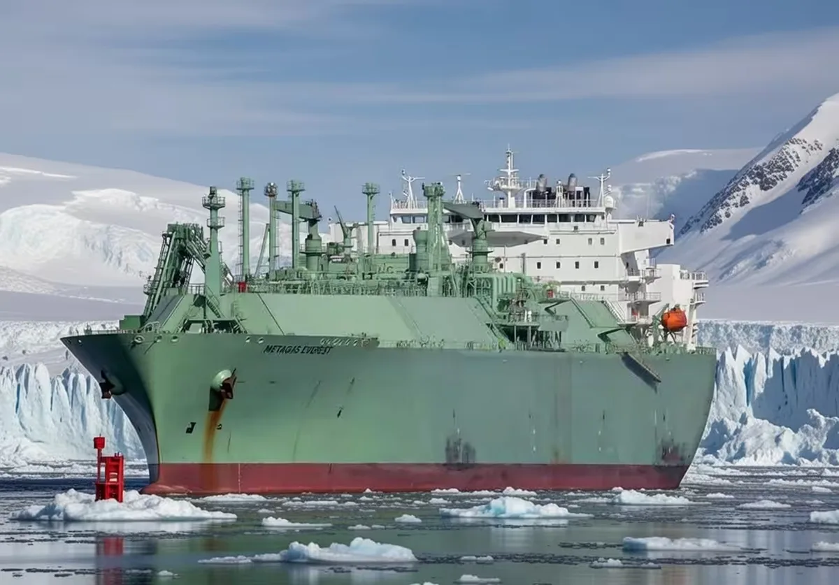 Petrolier rusesc Arctic Metagaz navigând în ape înghețate.