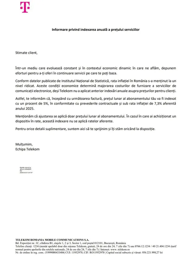Notificare de majorare a prețurilor de la Telekom România