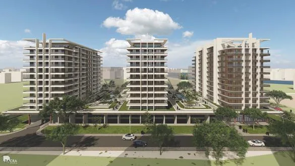 Proiectul imobiliar Crystal, cu clădiri moderne și spații verzi.