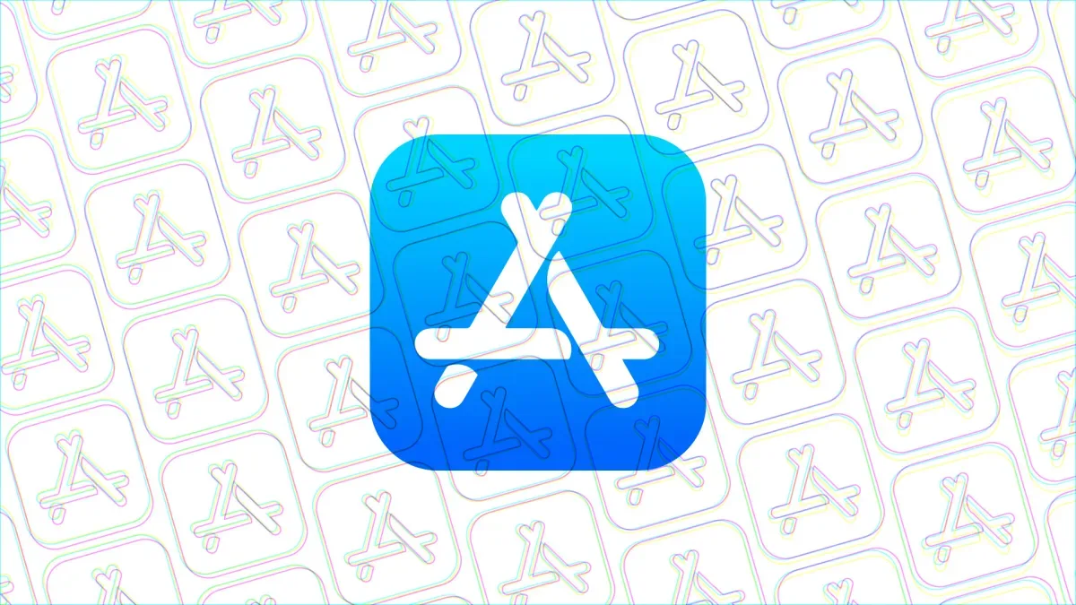 Logo-ul App Store pe un fundal repetat, simbolizând aplicațiile mobile.