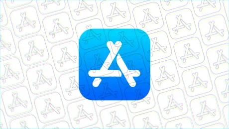Logo-ul App Store pe un fundal repetat, simbolizând aplicațiile mobile.