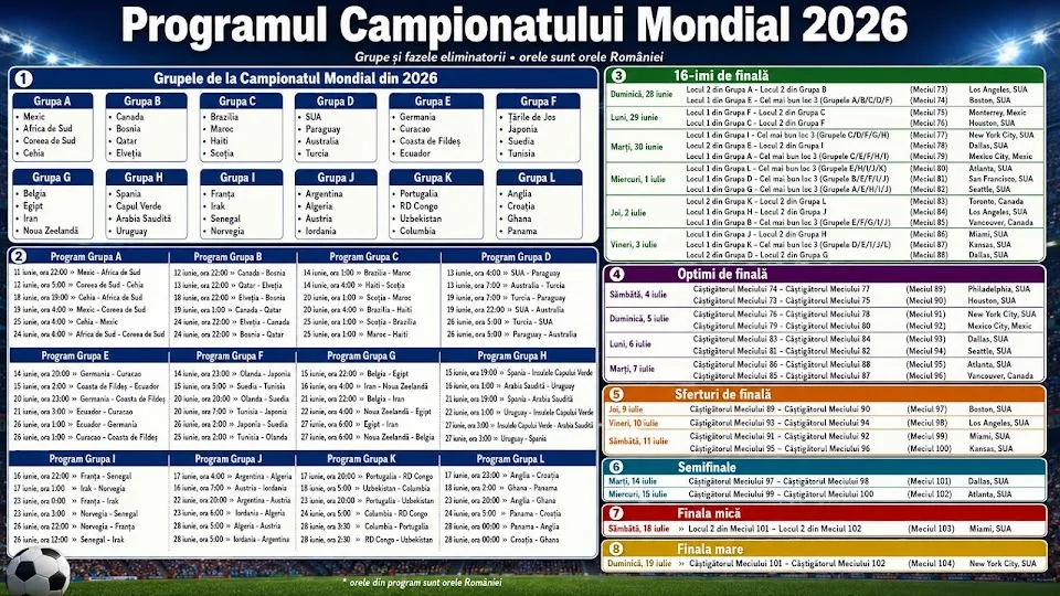 Programul meciurilor Campionatului Mondial 2026, cu orele de difuzare în România.