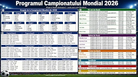 Programul meciurilor Campionatului Mondial 2026, cu orele de difuzare în România.