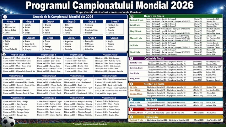 Programul meciurilor Campionatului Mondial 2026, cu orele de difuzare în România.