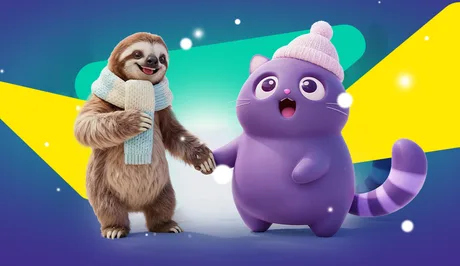 Două personaje animate se țin de mână pe un fundal colorat.