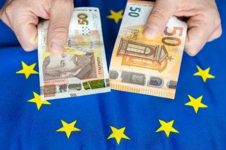 Schimb de bancnote între leva și euro pe fundalul steagului european.