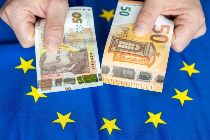 Schimb de bancnote între leva și euro pe fundalul steagului european.