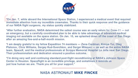 Astronautul Mike Fincke se întoarce pe Pământ după un incident medical pe Stația Spațială Internațională.