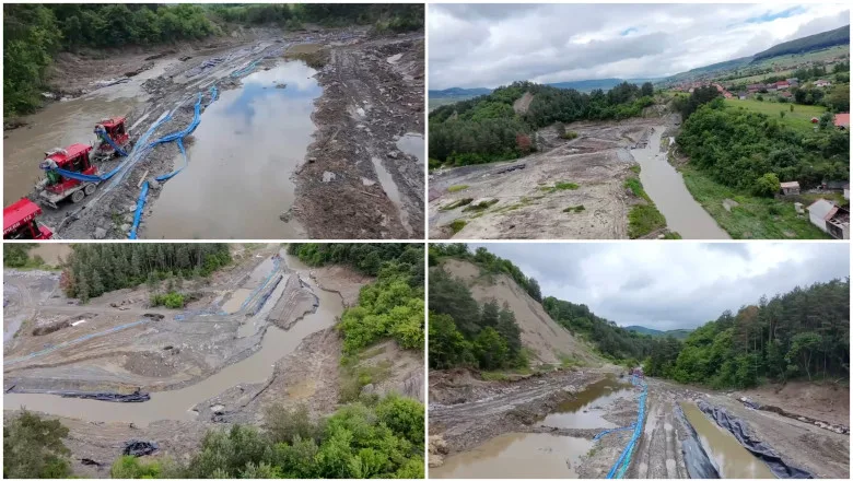 Zone afectate de inundații la Salina Praid, cu lucrări de intervenție în desfășurare.