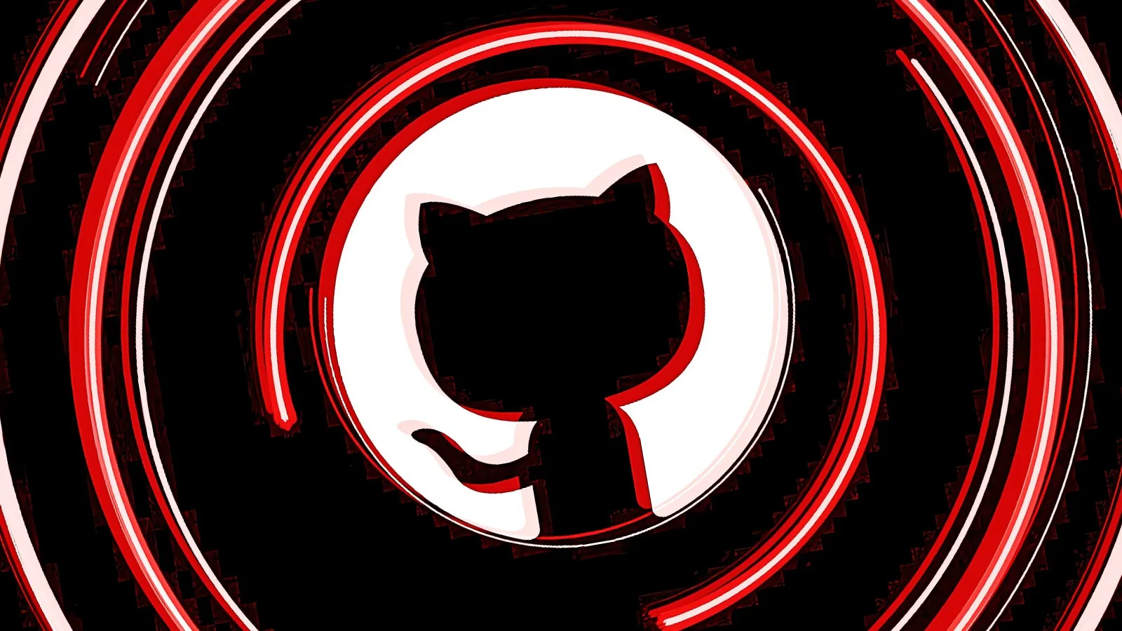 Logo GitHub în stil artistic, cu cercuri roșii și fundal întunecat.