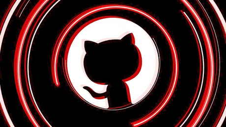 Logo GitHub în stil artistic, cu cercuri roșii și fundal întunecat.