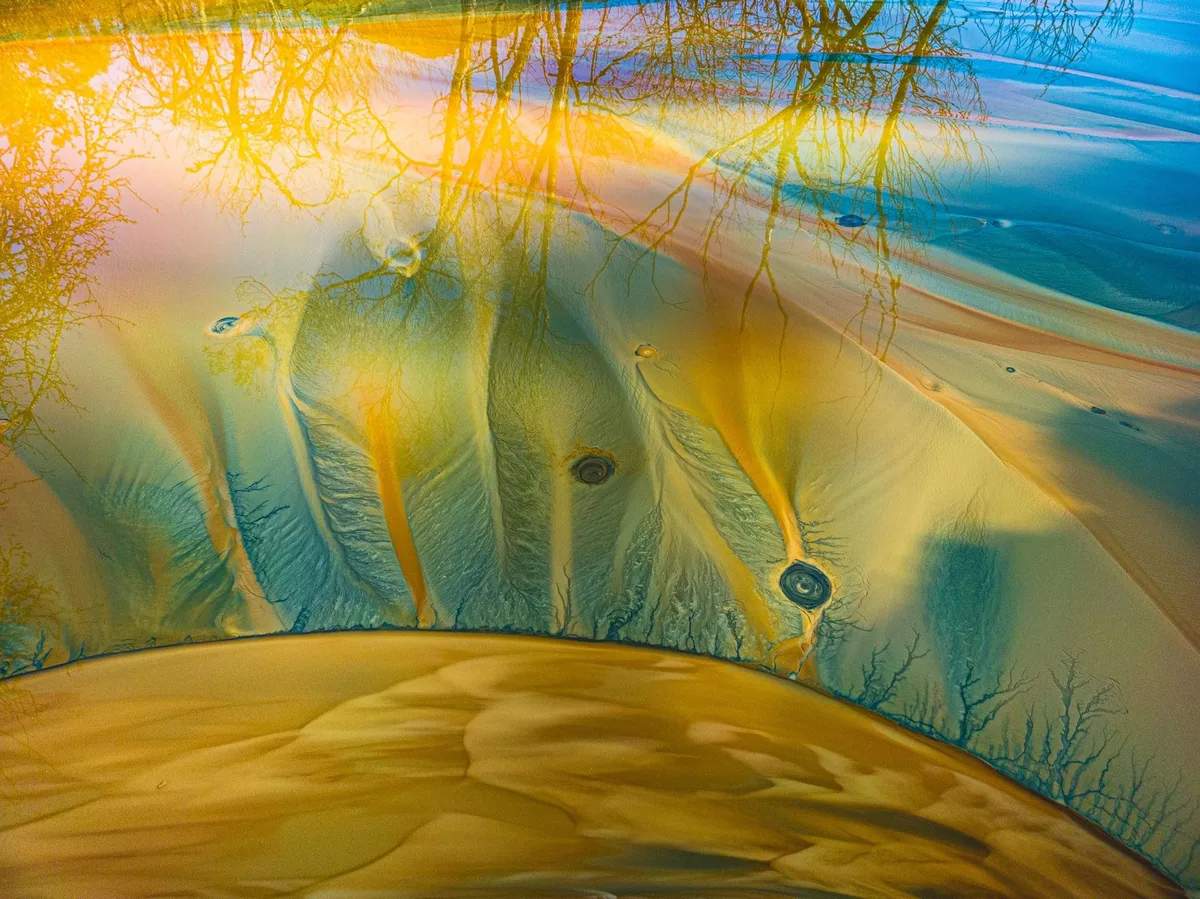 Reflecții colorate ale copacilor în apă, surprinse artistic.