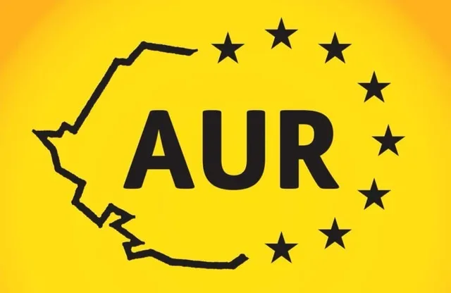 Logo AUR pe fundal galben, simbolizând propunerile politice ale formațiunii.
