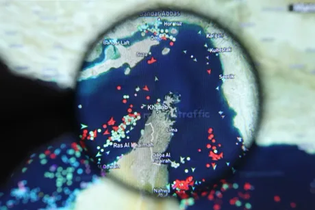 Harta detaliată a traficului maritim în Strâmtoarea Ormuz.