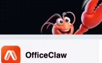 Logo OfficeClaw cu un crustaceu roșu zâmbitor, simbolizând inovația în birouri.