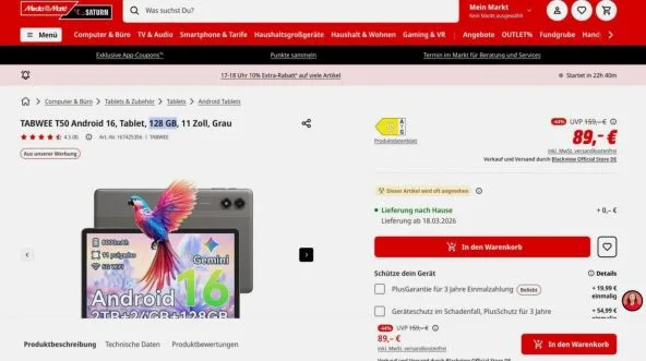 Tableta Tabwee T50 cu specificații contestate și preț redus.