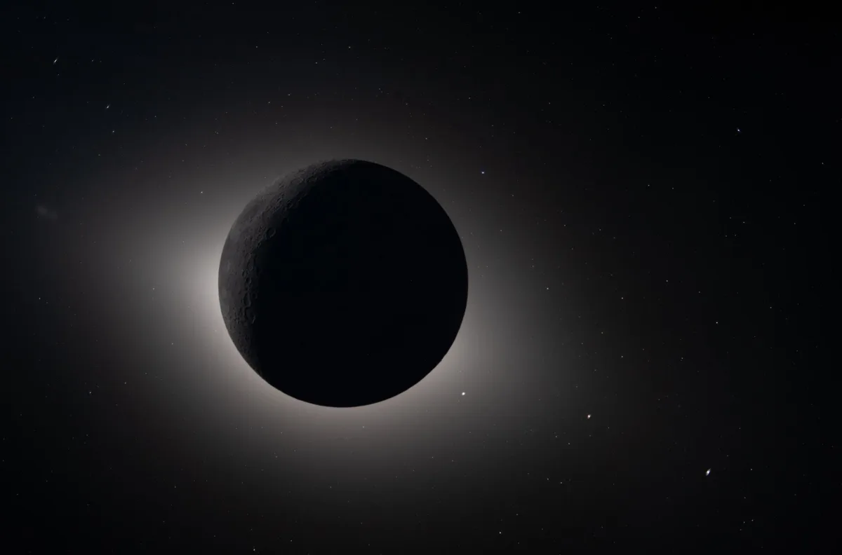 Eclipsă totală de Soare, Luna acoperind soarele pe fundal cosmic.