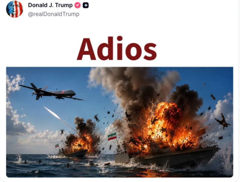 Dronă americană atacând o navă iraniană în mijlocul unei explozii.