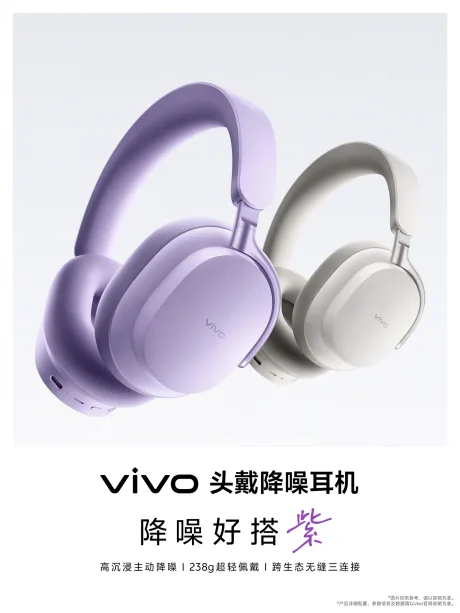 Căști wireless over-ear vivo în culori alb și mov, cu design modern și ușor.
