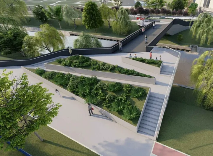 Proiectul noului pod pietonal și velo din Timișoara, cu rampe de acces și spații verzi.