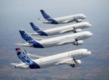 Patru avioane Airbus zburând în formație pe un fundal de cer senin.