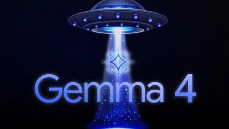 Logo-ul Gemma 4 cu un design futurist și culori vibrante.