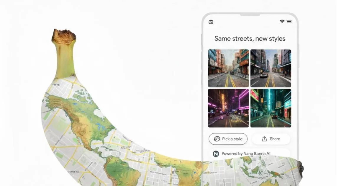 Un telefon mobil cu o interfață de stilizare a hărților, având un fundal de banană.