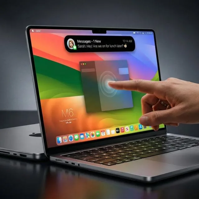 MacBook Pro cu ecran tactil și OLED, design modern și interacțiune îmbunătățită.