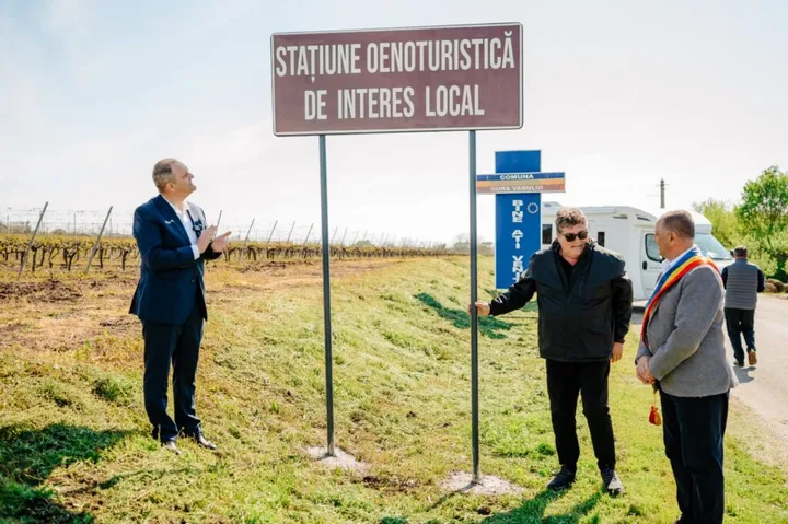 Semn de stațiune oenoturistică în Gura Vadului, cu viță de vie în fundal.