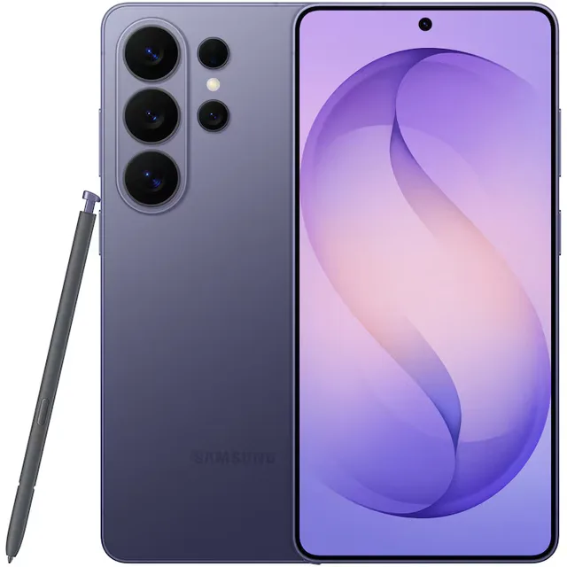 Samsung Galaxy S26 Ultra în nuanță violet, cu S Pen inclus.