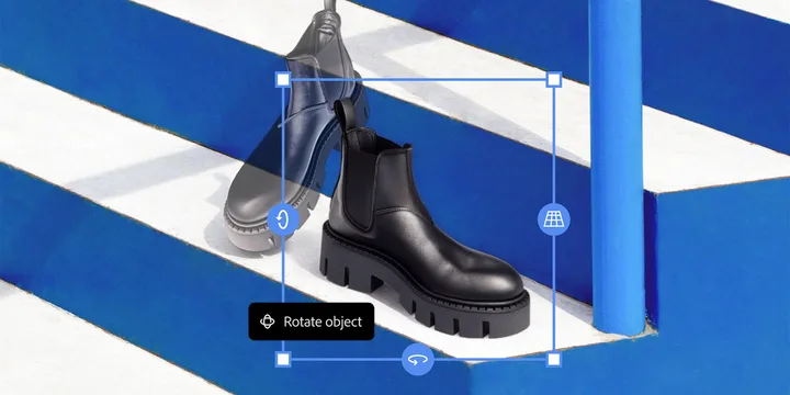 Un bot de piele neagră pe o scară albă și albastră, evidențiind rotația obiectului.