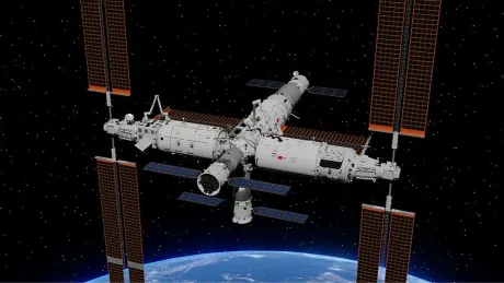Model 3D al stației spațiale Tiangong în orbită, cu modulele sale extinse.
