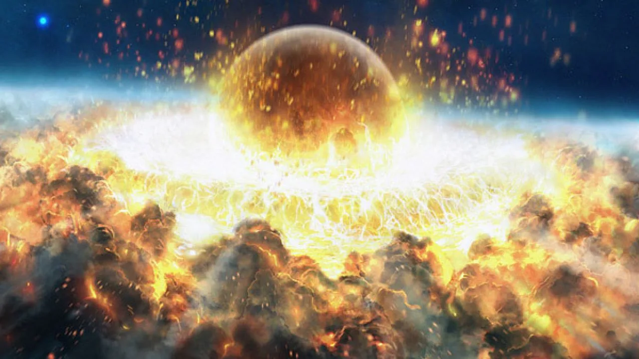 O explozie catastrofală în spațiu, simbolizând autodistrugerea civilizațiilor avansate.
