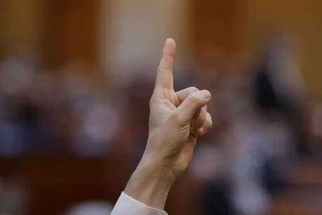 Un deget ridicat în semn de vot într-o sală de dezbateri politice.