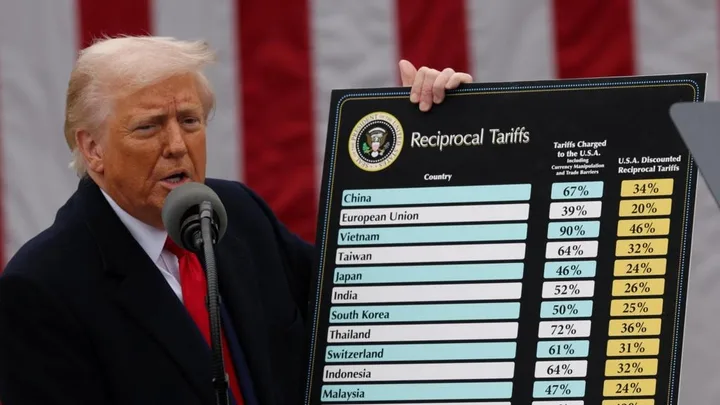 Donald Trump prezentând tarifele reciproce într-un discurs public.