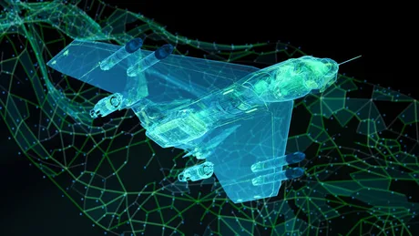 Un model 3D al unei drone înconjurate de rețele de date.